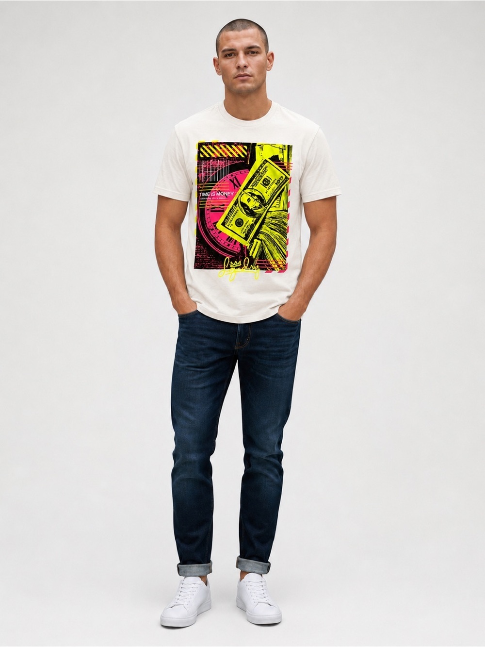 White Graphic Crewneck T‑Shirt with Neon Money Print